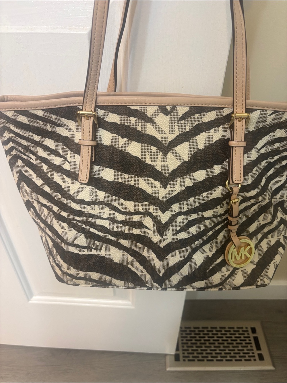 Michael Kors Zebra-Print Canvas Tote with Pale tan Trim